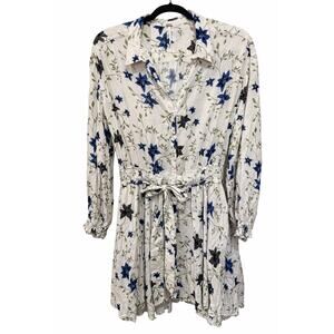 Free People Small Blue Floral Shirt Dress Tie Waist Boho Cottagecore prairie